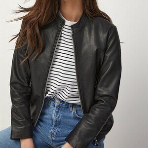 Contemporaine Simons Olive Dark green Leather Crew-neck Zip Up Jacket Size 8